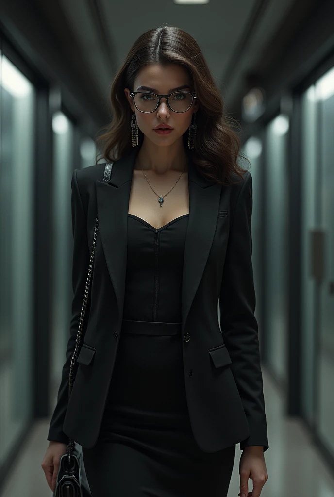 A highly realistic and detailed visual depiction of a female member of the Obsidian Order disguised as an elegant secretary in a dark, modern setting. She is dressed in a sharp, tailored business suit, with a pencil skirt and a fitted blazer, exuding professionalism and sophistication. Her hair is styled neatly, and she wears minimal yet tasteful jewelry, with a pair of glasses that enhance her poised, intelligent appearance. Despite the elegant exterior, there is an air of subtle danger about her, with a cold, calculating gaze. The background shows a sleek, modern office environment with dim lighting, suggesting the duality of her role as both a secretary and a covert operative. The art style is realistic, capturing the contrast between her elegant disguise and the underlying menace of her true identity as an Obsidian Order operative.