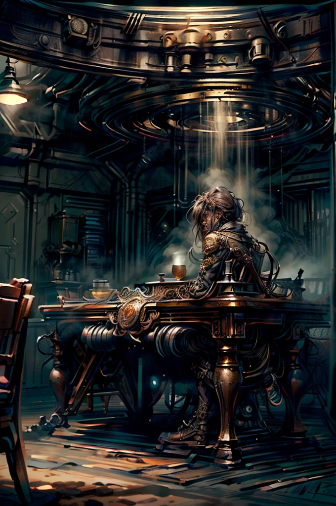 (masterpiece, best quality: 1.2), ultra detailed, cinematic lighting, HDR, meeting scene, conference room, steampunk outfits, multiple men and women, sitting, long table, steampunk schematics, 