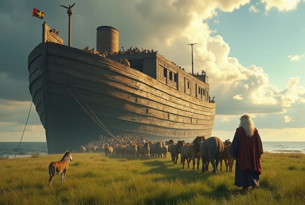 "Uma cena épica da Arca de Noah, with the huge wooden ship anchored on a green plain, as a variety of animals line up. Noah, with a long white beard and ancient robes, is close to the entrance of the ark, guiding the animals with a look of determination and hope. Couples of all kinds of animals – lions, elephants, zebras, birds, and small rodents – climb the ramp in pairs, as the sky in the background begins to cloud over, suggesting the approach of the flood. The scene is vibrant and full of life, capturing the moment before the great biblical event."
