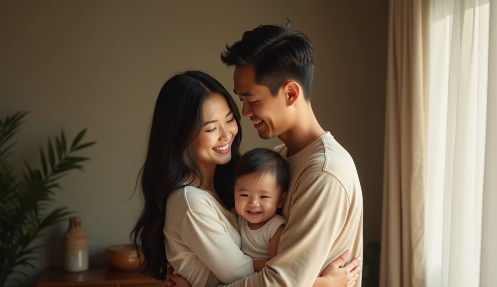 (best quality,4k,8k,highres,masterpiece:1.2),ultra-detailed,(realistic,photorealistic,photo-realistic:1.37),an Indonesian happy family of three, a loving wife and husband embracing their young son, warm cozy home interior, soft natural lighting, tender emotional expression, serene family portrait, delicate details, muted color palette, intimate family moment
