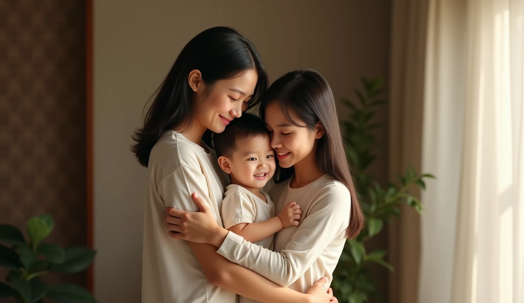 (best quality,4k,8k,highres,masterpiece:1.2),ultra-detailed,(realistic,photorealistic,photo-realistic:1.37),an Indonesian happy family of three, a loving wife and husband embracing their young son, warm cozy home interior, soft natural lighting, tender emotional expression, serene family portrait, delicate details, muted color palette, intimate family moment