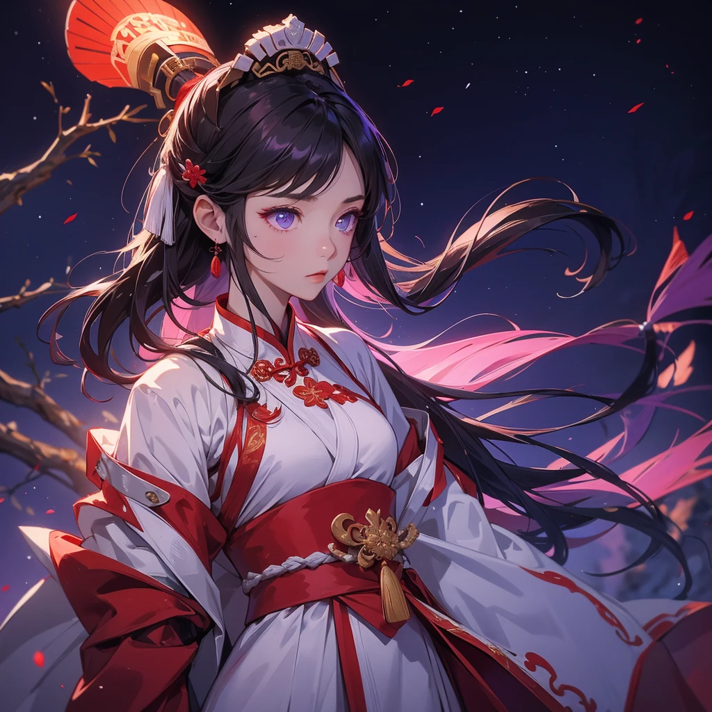 A beautiful female general holding a big spear in white-red ancient Chinese general costume, background is a dark moonless night, with dry trees in the background, and purple glowing light, close up.
