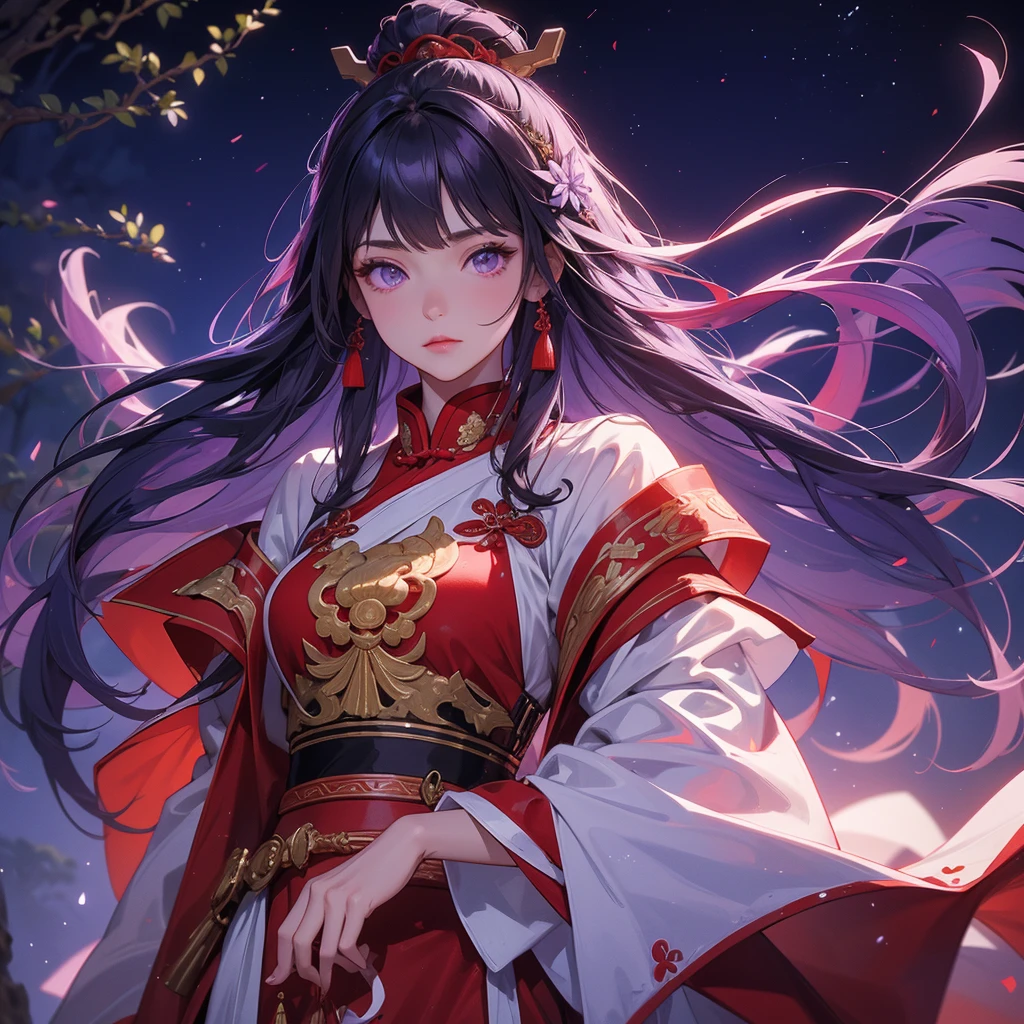 A beautiful female general holding a big spear in white-red ancient Chinese general costume, background is a dark moonless night, with dry trees in the background, and purple glowing light, close up.