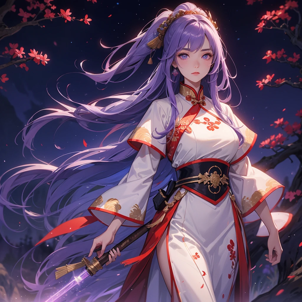 A beautiful female general holding a big spear in white-red ancient Chinese general costume, background is a dark moonless night, with dry trees in the background, and purple glowing light, close up.