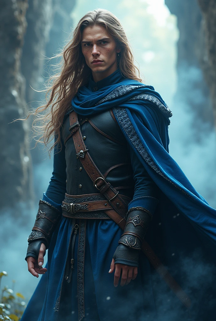 Boy around 18, ((( blue + black outfit) Norse warriors clothes,long brown hair, detailed face, detailed brown beautiful eyes, full body pic (intricate:1.3), (arcane aura:1.2), (dreamlike:1.3), (subtle mist:1.1),(vibrant colors:1.2), (detailed hair:1.3), (ultra realistic details:1.5)