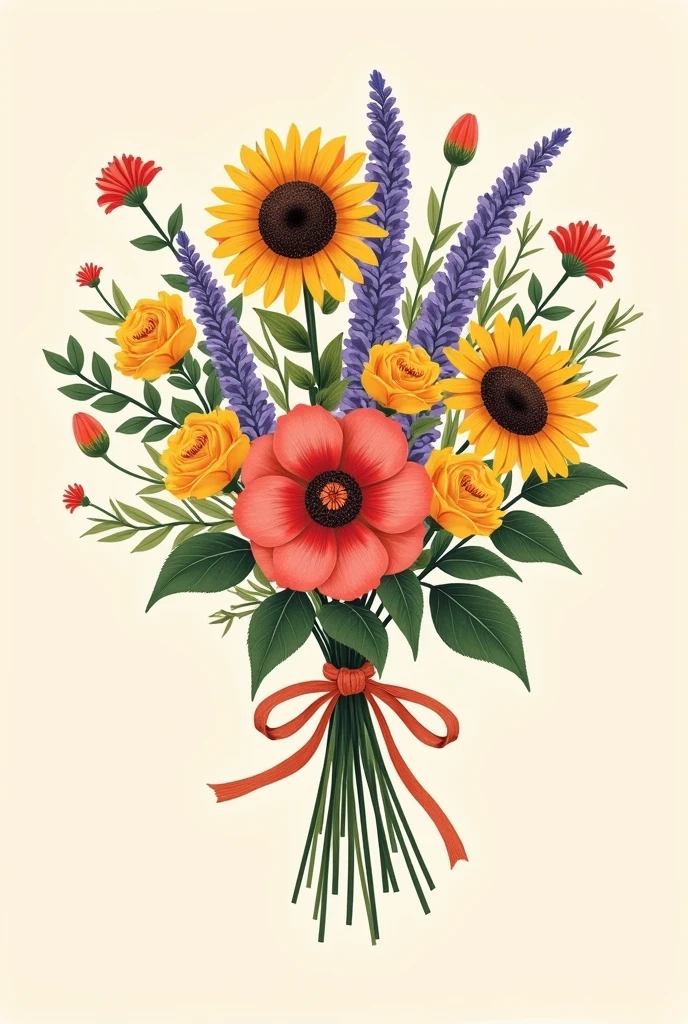 Sunflower, hibiscus, Aster, Lavender, yellow rose and nemesia only these flowers hand drawn bouquet with ribbon and beige background for wallpaper 
