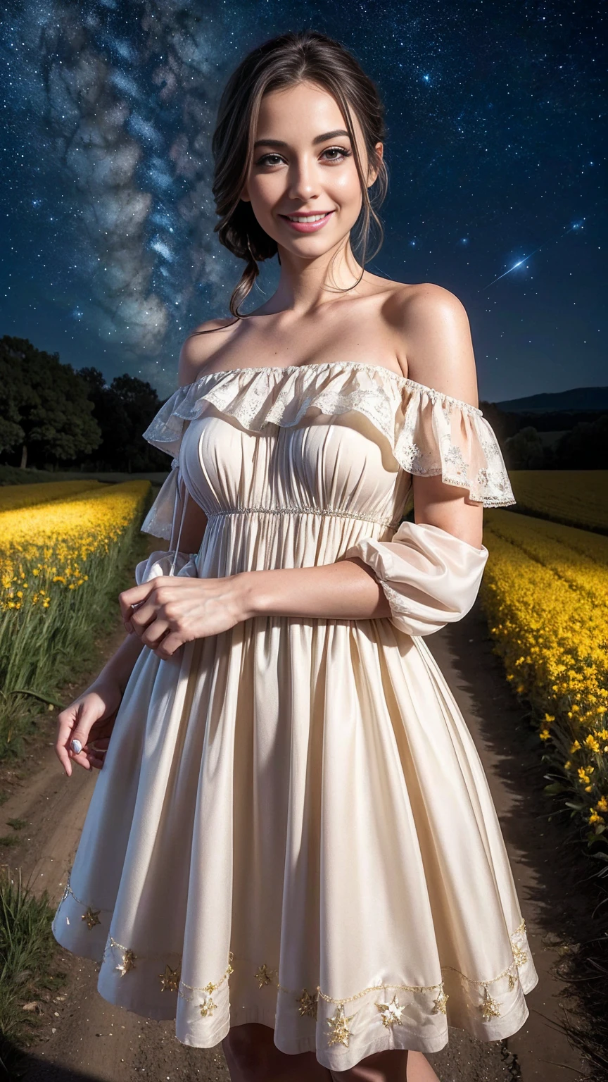 Best quality, masterpiece, ultra high res, (photorealistic:1.4), raw photo, 1girl, 30 yo woman, off shoulder dress, smile, glamorous clothing, country lane, vivid starry sky