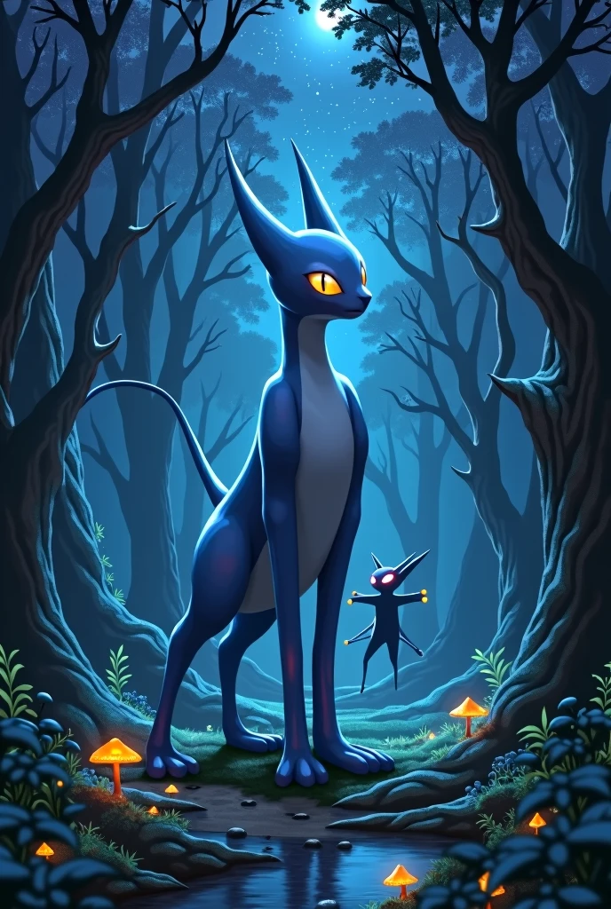 Create the fusion of Mewtwo and Gardevoar at night in a dark forest reflecting the stars
