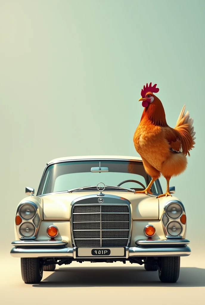 Create images Mercedes w210 and chicken in side 