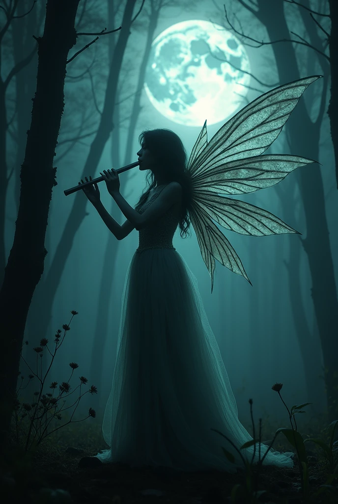 A dark, mysterious scene where a fairy with translucent wings plays a melancholic tune on her flute, surrounded by shadows in a moonlit forest. The full moon casts eerie light through the trees, creating deep contrasts. The camera moves slowly and deliberately, focusing on the intricate details of the fairy’s wings and the ominous atmosphere around her. The 4K resolution captures the sharpness and depth of the shadows and light.