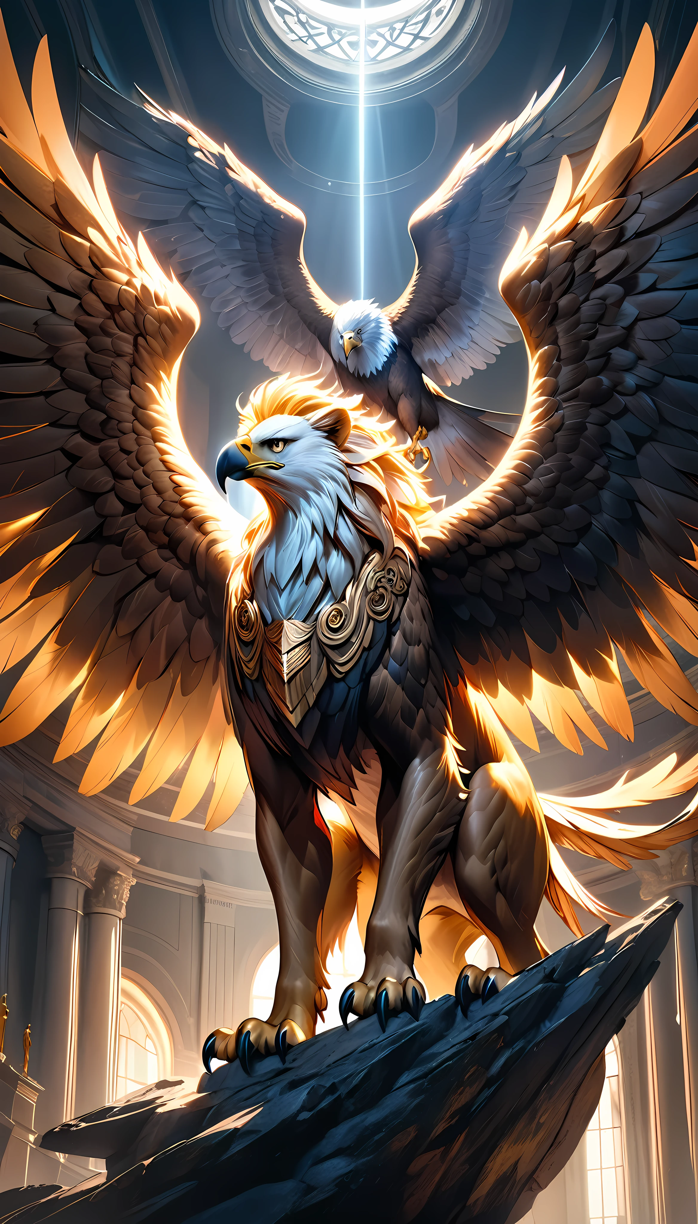 A majestic, legendary griffon creature, a fusion of an eagle's head and a (lion's body), slender and muscular, brave and heroic, intellectual and dignified, with angelic and regal eagle wings, hyper-realistic, cinematic lighting, dramatic colors, intricate details, masterpiece