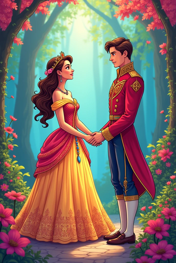 High detail vector drawing of a girl wearing a princess dress holding a prince's hand and looking forward and showing their full bodies in the picture. Colorful line art drawing. Vector drawing.