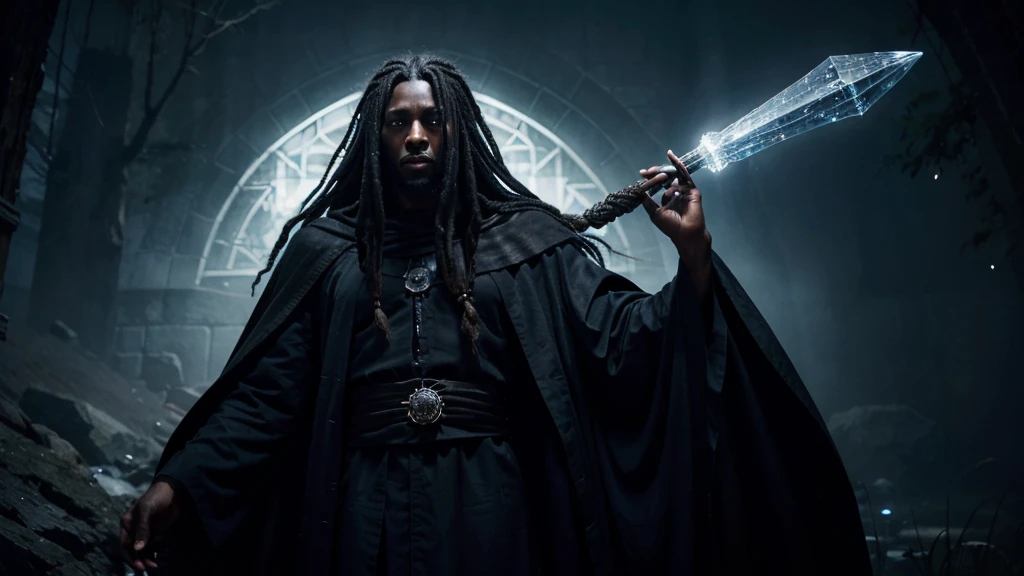 A tall, enigmatic man with short dreadlocks, wearing flowing, dark robes that merge with the night. His dark skin is subtly illuminated by a mystical glow, and his eyes radiate an eerie light. He wields a staff topped with a glowing, intricate crystal.