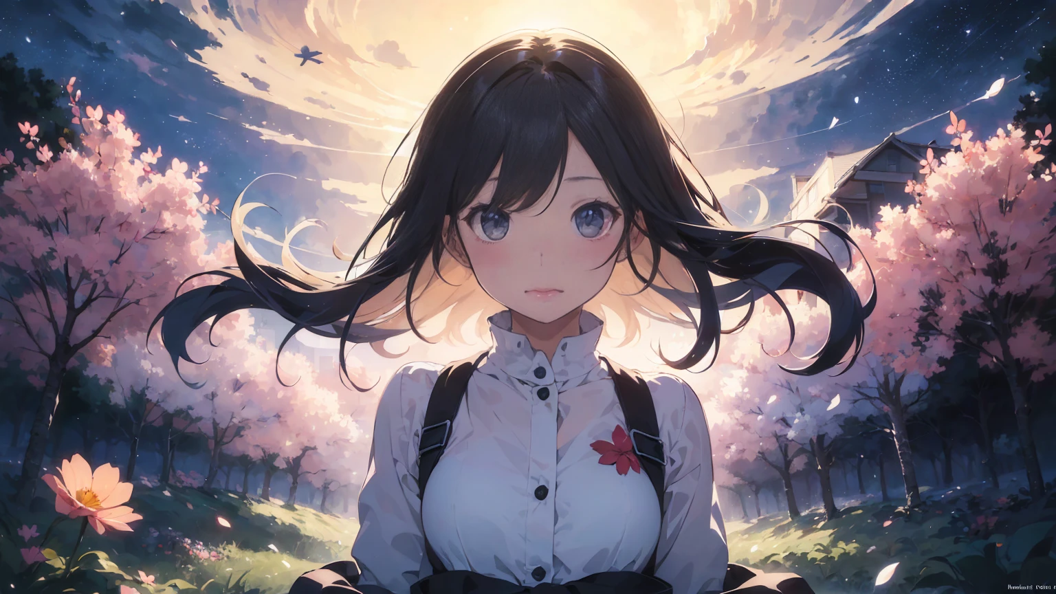 (Mysterious:1.4), Cosmos field、 (One Girl, alone:1.4), cute, (Little:1.6),fine small breasts, 　
The rising sun pours down、A fantastic prelude in which strong winds are embodied and cosmic petals fly up、
 ((Lighting Line Transparency Best Quality Best Work Concept Art.))、Beautiful illustrations, pastel colour, Illustration Style, Realistic texture, realistic material、Watercolor,