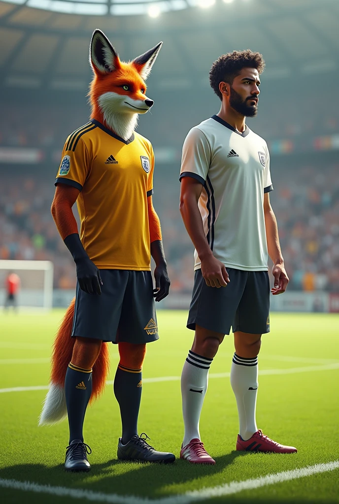 create a realistic image of a fox-headed soccer player on a soccer field dressed in green standing next to an Indian soccer player wearing a white shirt, white socks and black shorts