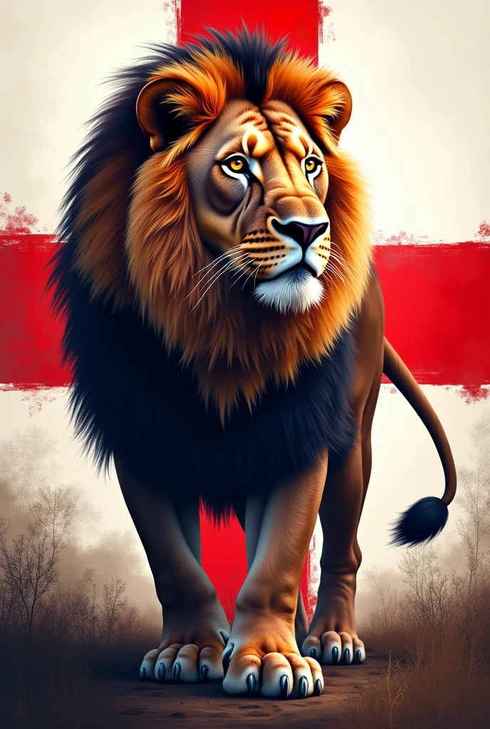 Instagram profile picture with the England flag behind and a lion in front, illustration with shadows and details