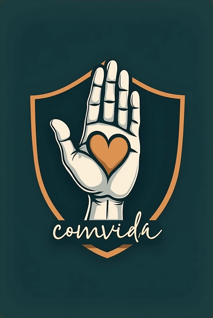 Shield Shape:

The shield has a traditional heraldic shield shape., with a rounded edge at the top and tapering downwards, creating a drop shape.
hand:

No centro do escudo, there is an open hand in a vertical position. The hand is stylized and well drawn, with the fingers slightly curved outwards, as if in a gesture of protection or welcome.
The hand is designed to look solid and robust., but with fine details to indicate the joints and lines of the palm.
Hollow Heart:

In the middle of the palm of the hand, there is a hollow heart, with well-defined edges and a clear design. The heart is large enough to be the focal point of the shield, but does not completely cover the hand.
The heart has a slight shadow or outline to give a three-dimensional effect., making it stand out against the background of the hand.
name "Comvida":

the name "Comvida" it is written at the bottom of the shield, below the hand and heart. The font is elegant and readable, with a style that complements the shield design.
Text may be in a contrasting color to ensure good visibility.. May have a slight outline or shadow to improve readability against the shield background..
Colors and Style:

The color palette can include classic and sophisticated tones., like dark blue or dark green for the shield background, and white or gold for the hand and heart.
The overall style should be balanced, combining traditional elements with a modern twist to keep the design visually appealing and meaningful.