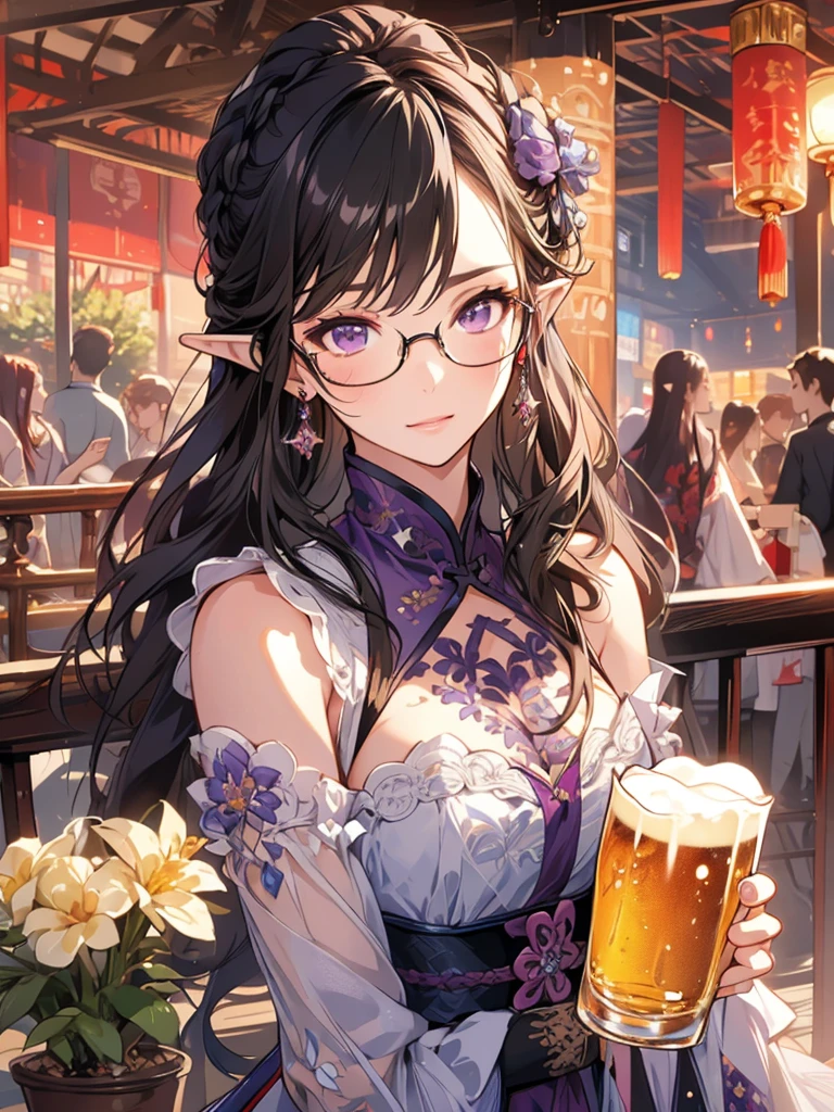masterpiece, Highest quality, One girl, Super detailed, Ultra-high resolution, Distinct facial features, Anatomically correct, pretty girl, Long pointy ears, Fairy, Nice face,Black Hair, Purple eyes,China dress, Beer glasses, cheers, beer garden