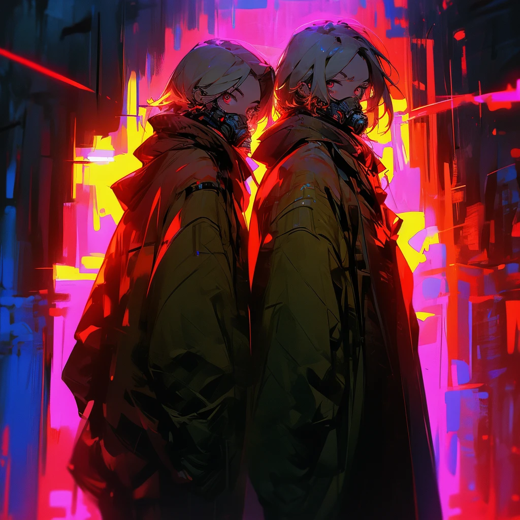 Wearing a hood、male、Mouth-only gas mask、
Jacket、night、darkness、Fluorescent color、He has a rifle.、1人のmale