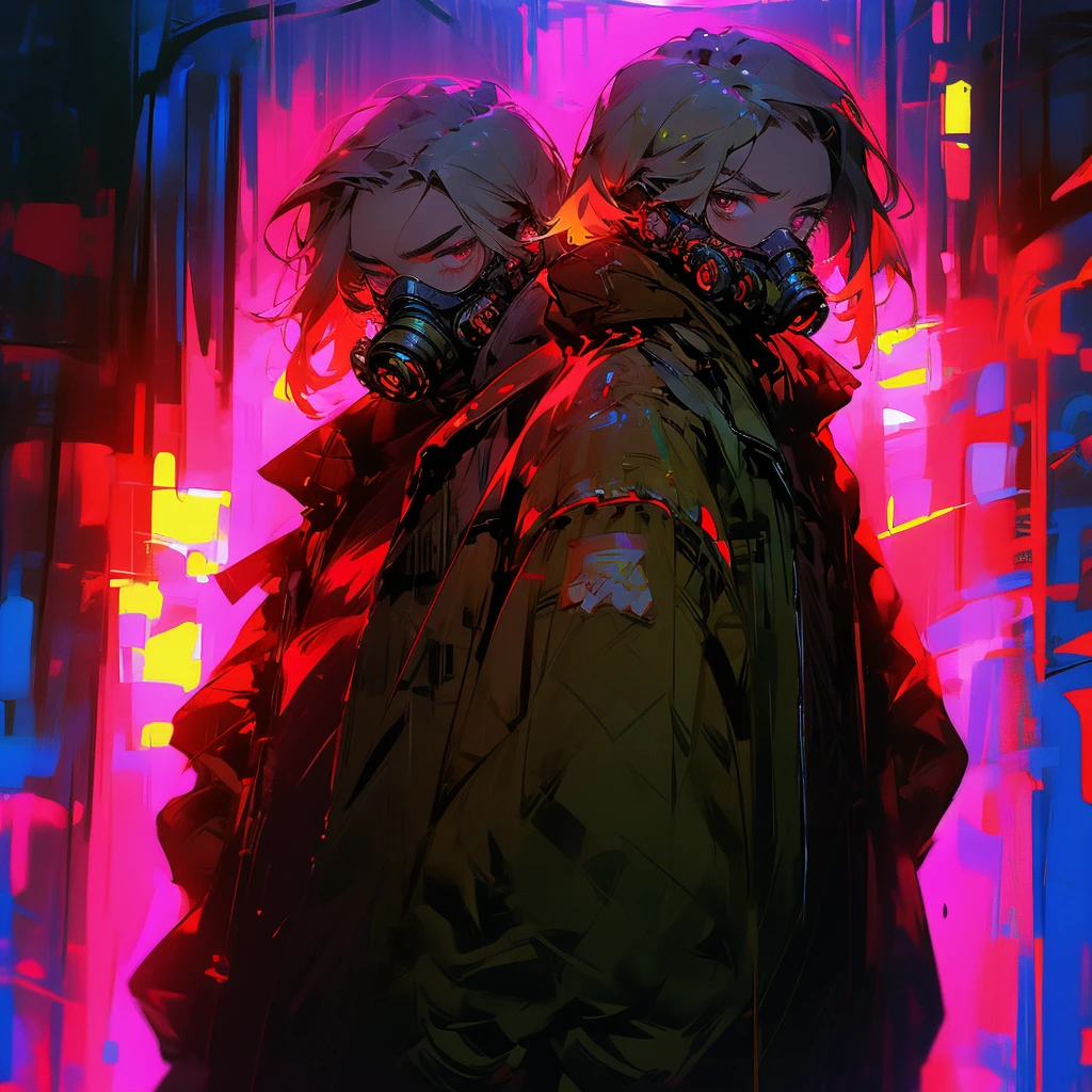 Wearing a hood、male、Mouth-only gas mask、
Jacket、night、darkness、Fluorescent color、He has a rifle.、1人のmale