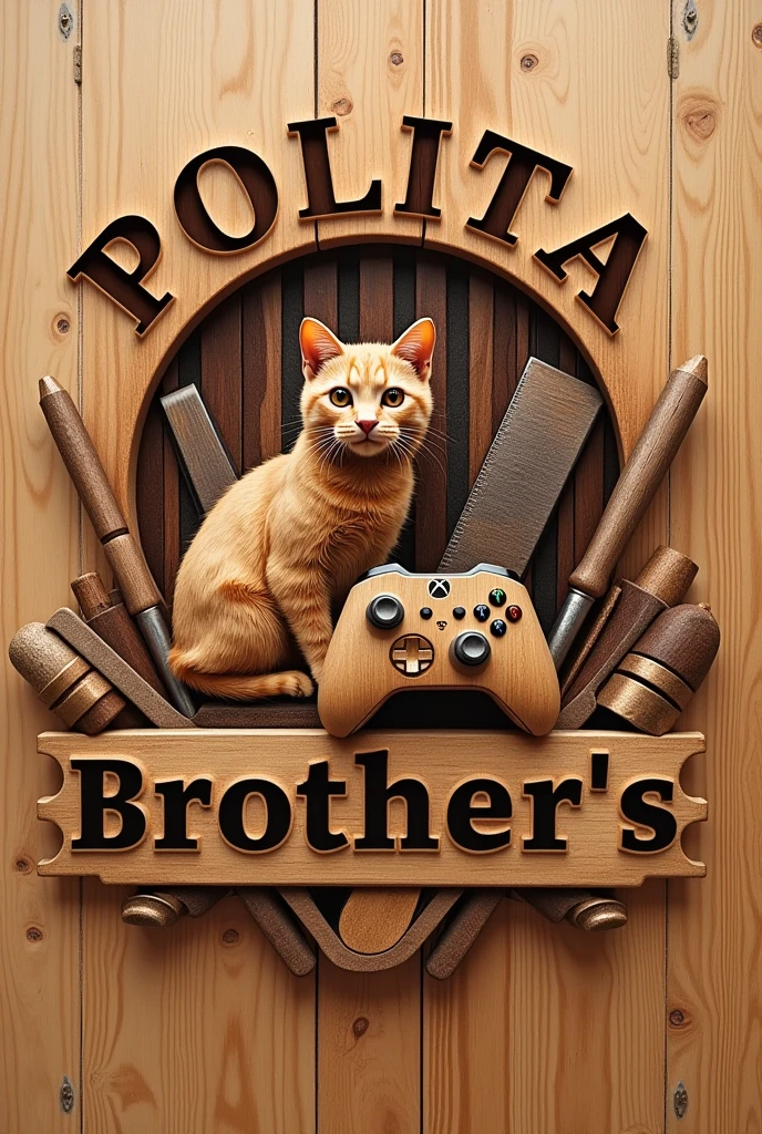 Create a Wood Working Shop logo with the name Polita Brother's written on top. With saw, circular saw, hammer a cat and an xbox controller. All engraved in wood. Na parte inferior escrita a frase Wood Working Shop