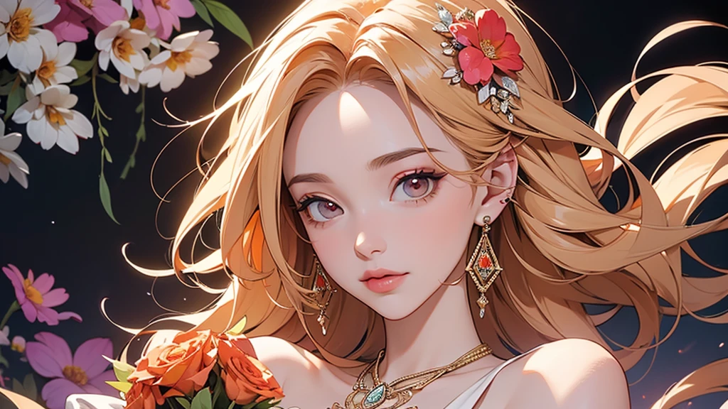 32K, 最高quality, 最高masterpiece, (ultra-Detailed Background, Detailed Background), High resolution, Super detailed, Very detailedな, 1 personの, (bouquet:1.3), (Tangled:1.2), (Geometric:1.2),(colorful),(masterpiece, quality, best quality, Official Art, Beautiful and beautiful:1.2), (1 person:1.3), Very detailed,(colorful:1.1)(Flowers:1.3),Most detailed,(Tangled:1.2), whole body, (Abstract background:1.3), (Skin glows), (Many colors:1.4), ,(Earrings Jewelry:1.5), Pale Orange Background, Gradation, It's imaginative., Flaxen Hair,
