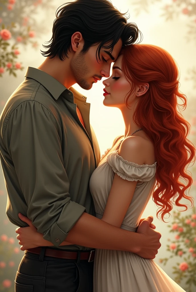 Woman. With wavy red hair, hugging tall man with layered black hair and no beard 