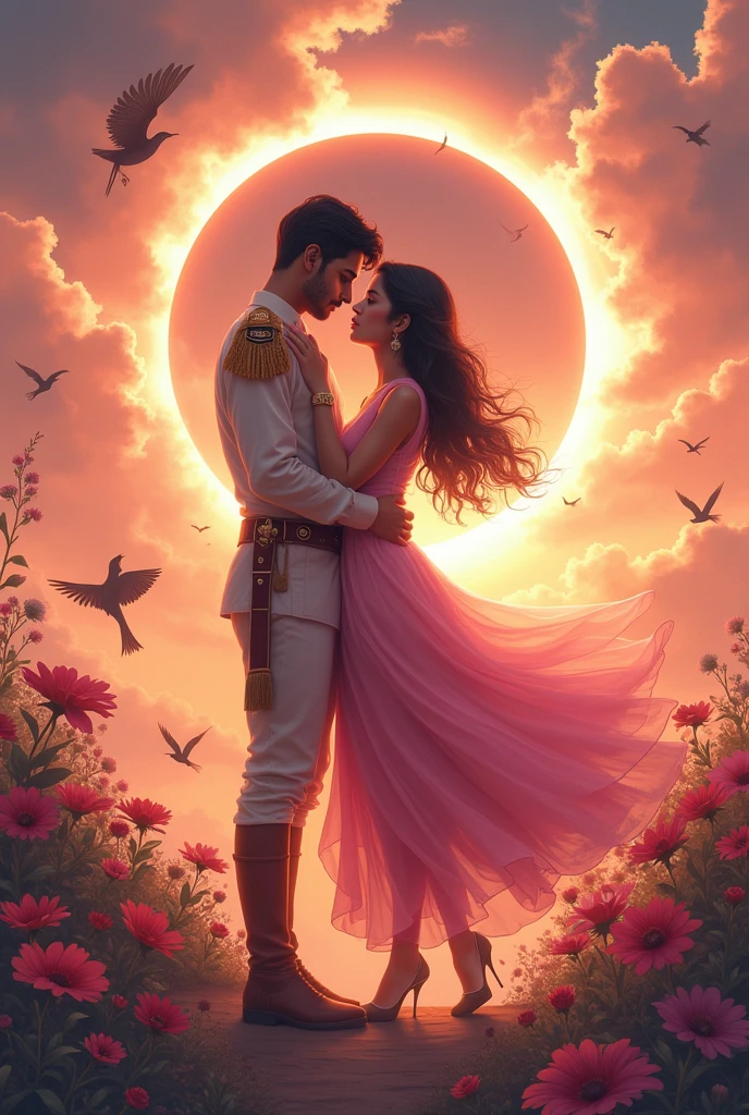 A beautiful princess with dark brown hair and black eyes wearing a aesthetic pink gown with a Indian soldier romantic moment anime style. Solar eclipse and flowers and birds in background aesthetic picture