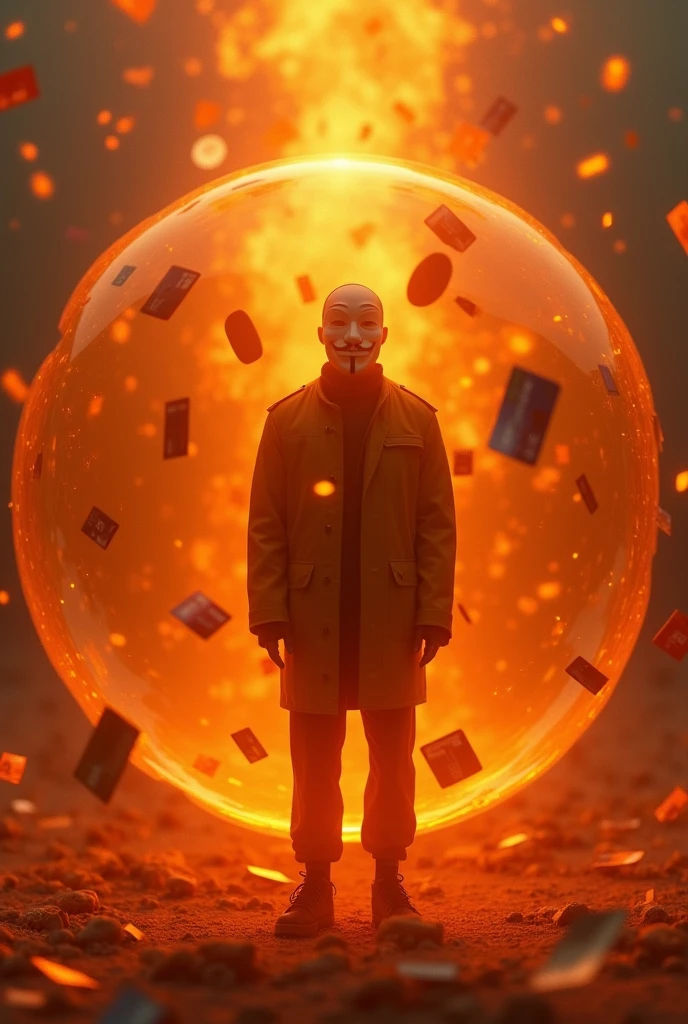 person with anonymous mask, inside a floating orange bubble, with fire and credit cards in the background of the image