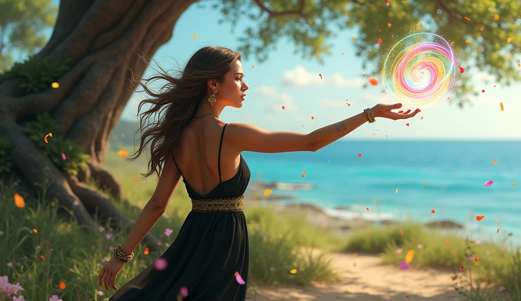 Masterpiece, best quality, (very detailed CG unity 8k wallpaper) (best quality), (best shadows) Nature, blue sea,delicate leaves petals of various colors falling in the air, super detailed , woman 30 years old, arm outstretched, rainbow color Will-o'-the-wisp on his hand . brown hair, short black greek toga with golden laces. gold bracelet, sitting against a tree (Eucalyptus deglupta), bandaged ankle with a little blood,paulina seikola, verunka, sexy hottie, large breast