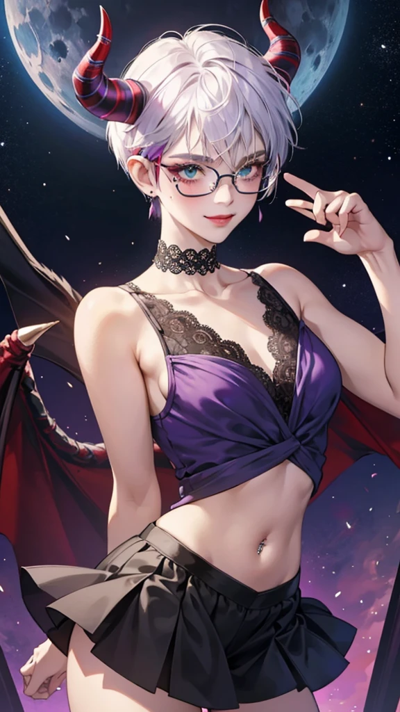 8k, masterpiece, best quality, highly detailed, 1 girl, tiefling, warlock, pixie cut, multicolored hair, very short straight hair red highlight hair on white hair, strippled hair, wearing glasses, round glasses, earrings, navel piercing, red eyeshadow, long eyelashes, blushed cheek, red lips, pearl necklace, rings, collarbone, mole on face, glamorous, teal and purple clothes, sleeveless, miniskirt, smirk, close up view, rings, looking at viewer, demon horns, solo, starry sky, pale blue moon, standing, boxing stance, demonic arms, chains on the background, black lace gloves, hand touching glasses.