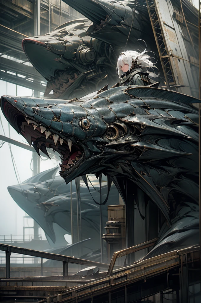 White hair,Girl,Huge battleship,Gloomy environment,Masterpiece,high quality