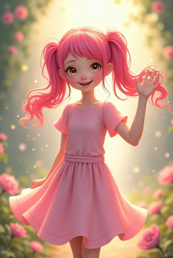 
  with pink hair, two pigtails, wearing a pink dress waving hello