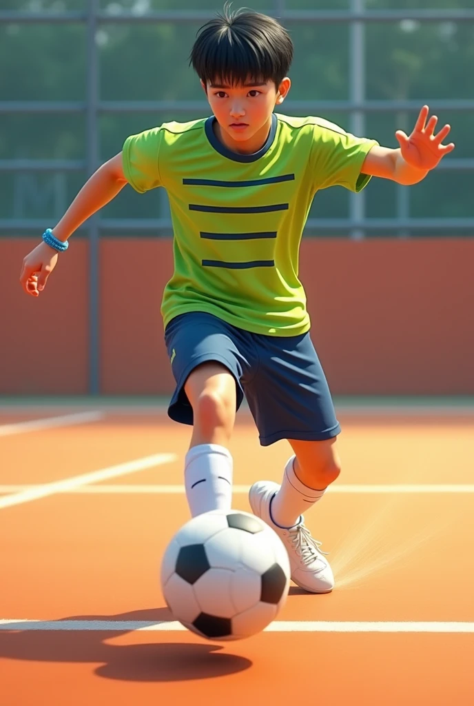 A kicking a ball. He is on an open-air futsal court. The court floor is orange with white lines. Her skin is white and her hair is black and straight. His shirt is lime green and has 5 horizontal stripes that run across the entire shirt.. His shorts are navy blue and his socks are halfway up his shin and are completely white.. He wears white futsal shoes and has a blue bracelet on his arm..