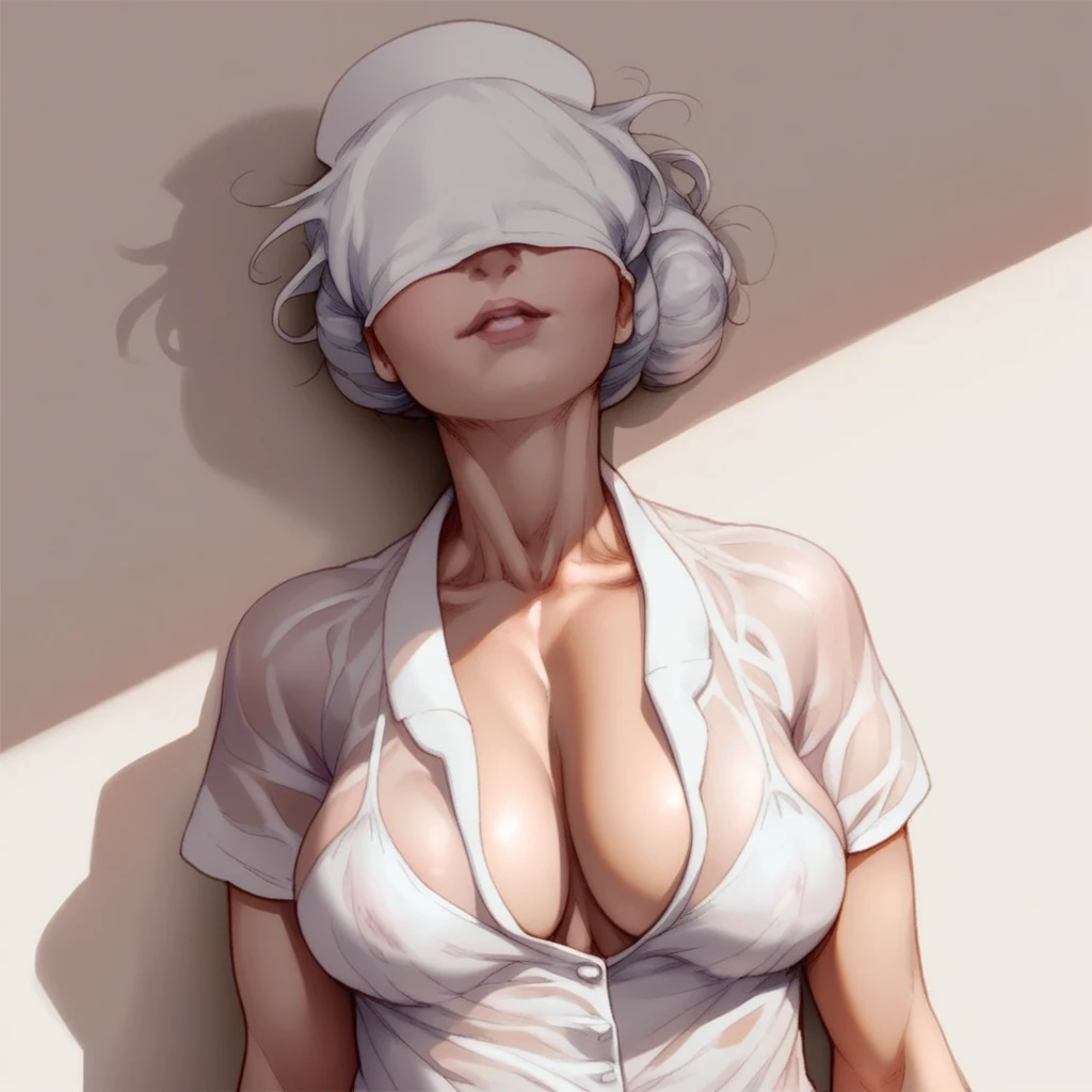 score_9, score_8_up, score_7_up, 1girl, nurse, faceless female, covered face, short sleeves, cleavage, shirt, messy hair, see-through, young, breast focus,teen, large breasts, sagging breasts,closeup, portrait, shadow
