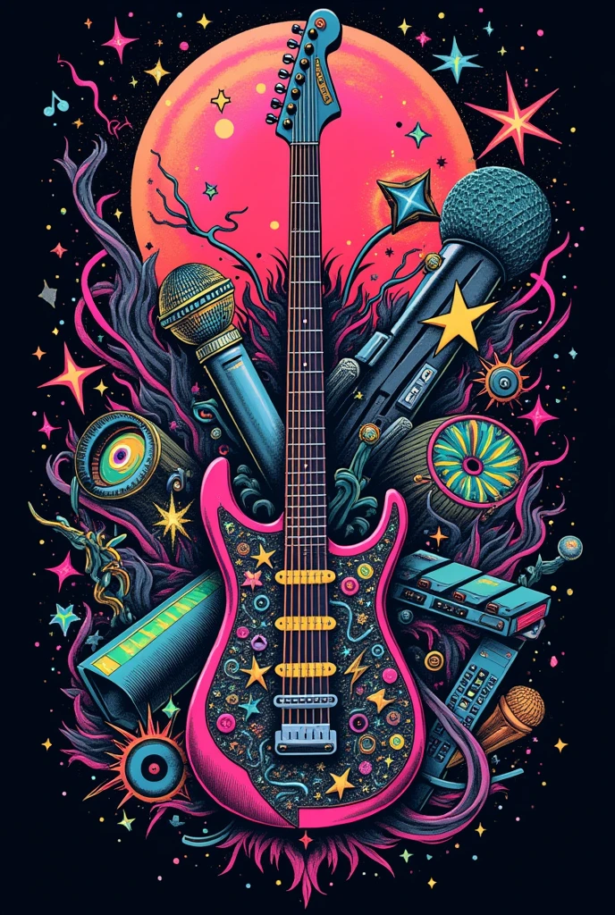 Design an extremely complex and detailed music band logo that captures a fusion of various musical themes and elements. The logo should feature an elaborate combination of musical instruments like electric guitars, bass guitars, drum kits, synthesizers, microphones, and vinyl records, all intertwined with flowing ribbons of musical notes and soundwaves. Include abstract elements like cosmic patterns, lightning bolts, fire, water splashes, and geometric fractals to add layers of visual complexity. The color palette should be vibrant and diverse, incorporating neon colors like hot pink, electric blue, neon green, and bright yellow, contrasted with deep blacks and metallic silvers. The design should be multidimensional, with a 3D effect to give a sense of depth and movement. Include textures such as chrome, glass, and smoke to add a futuristic and edgy feel. The overall style should be bold, avant-garde, and visually overwhelming, with no specific text, focusing solely on its artistic and striking visual components.