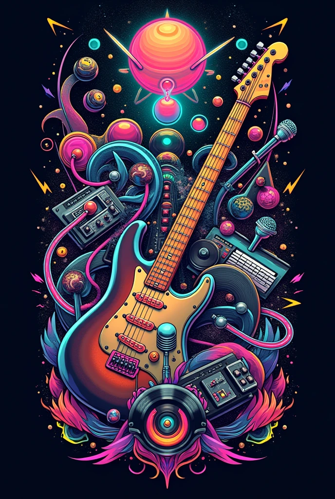 Design an extremely complex and detailed music band logo that captures a fusion of various musical themes and elements. The logo should feature an elaborate combination of musical instruments like electric guitars, bass guitars, drum kits, synthesizers, microphones, and vinyl records, all intertwined with flowing ribbons of musical notes and soundwaves. Include abstract elements like cosmic patterns, lightning bolts, fire, water splashes, and geometric fractals to add layers of visual complexity. The color palette should be vibrant and diverse, incorporating neon colors like hot pink, electric blue, neon green, and bright yellow, contrasted with deep blacks and metallic silvers. The design should be multidimensional, with a 3D effect to give a sense of depth and movement. Include textures such as chrome, glass, and smoke to add a futuristic and edgy feel. The overall style should be bold, avant-garde, and visually overwhelming, with no specific text, focusing solely on its artistic and striking visual components.