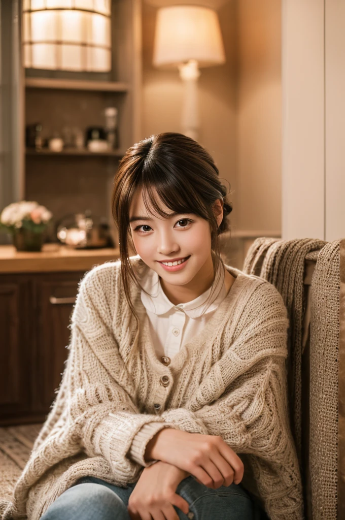 8k, RAW photo, best quality, masterpiece:1.2), (realistic, photo-realistic:1.4), (extremely detailed 8k wallpaper),Generate an AI image of a beautiful 20-year-old Japanese woman with an irresistibly charming smile, relaxing at her boyfriend's house. She is sitting comfortably, with a cozy and intimate atmosphere surrounding her. Her hairstyle is meticulously styled, designed to be so captivating and elegant that it feels like love at first sight. Her eyes sparkle with warmth and affection, creating a sense of deep connection. The lighting should be soft, emphasizing the comfort and warmth of the home environment.