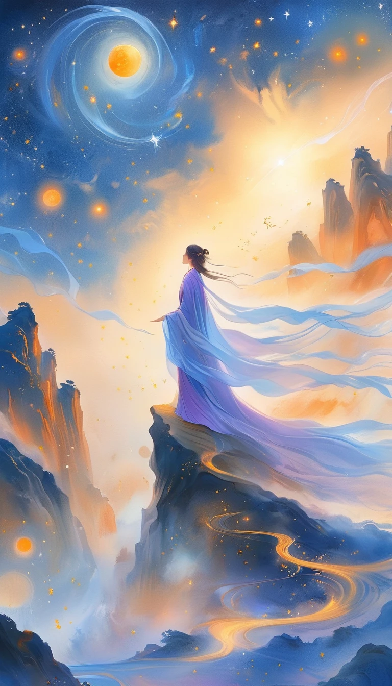 A beautiful woman standing on a cliff looking up at the starry sky, （Beautiful silhouette），Surrounded by a vortex of cosmic energy，Shrouded in a dreamy mist。Figure in flowing robe.，elegant，Light，Become one with the flow of heaven and earth。The sky is a tapestry of deep violet and blue，星Light点缀，The scenery below suggests softness、Rolling mountains，Astral Ether, Fantastic numbers, ethereal essence, Ethereal fantasy, Ethereal Beauty, Digital Art Fantasy, Beautiful fantasy painting, Beautiful fantasy art, Stunning fantasy art, Inspired by Cyril Rolando (Cyril Rolando), Fantasy art style, Gently rotating magical energy, Fantasy Numbers, Fantasy Numbers艺术, Empty Mind, of Ethereal fantasy，Artistic Beauty，Gold Thread。Track gold。