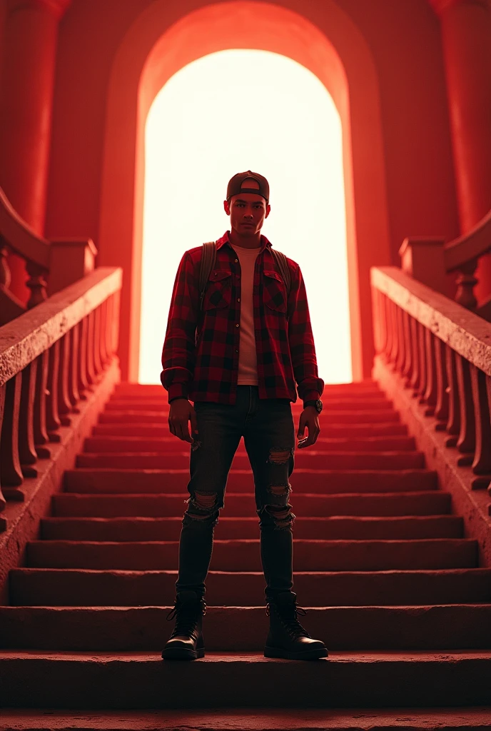 Hyper realistic, depict dramatic scenes with strong color contrasts, especially in shades of red and orange, depicting environments that appear otherworldly. In the middle, there was a white door emitting bright light, with the silhouette of a person standing in the doorway. Face detailed. Look straight ahead. 26yo Indonesian man wearing dark red flannel shirt and dark ripped jeans pants and black hiking hi-shoes with black backward trucker hat, wear dark leather backpack, masculine photoshoot pose, arrogant man expression. On the side of the stairs leading to the door. The setting includes architectural elements such as stairs and railings that have an otherworldly ancient design.