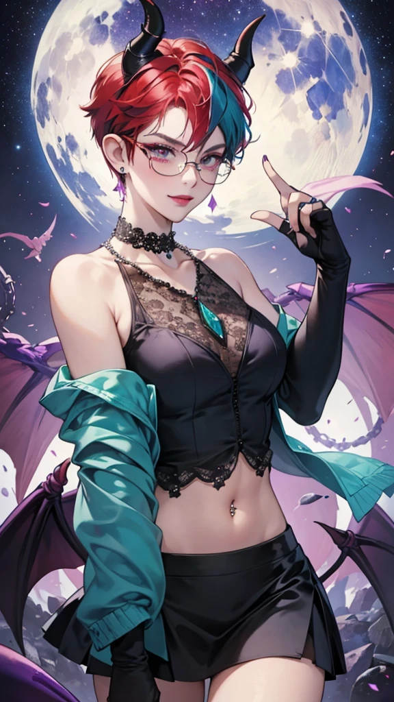 8k, masterpiece, best quality, highly detailed, 1 girl, tiefling, warlock, pixie cut, multicolored hair, very short straight hair red highlight hair on white hair, strippled hair, wearing glasses, round glasses, earrings, navel piercing, red eyeshadow, long eyelashes, blushed cheek, red lips, pearl necklace, rings, collarbone, mole on face, glamorous, teal and purple clothes, sleeveless, miniskirt, smirk, close up view, rings, looking at viewer, demon horns, solo, starry sky, pale blue moon, standing, boxing stance, demonic arms, chains on the background, black lace gloves, hand touching glasses.