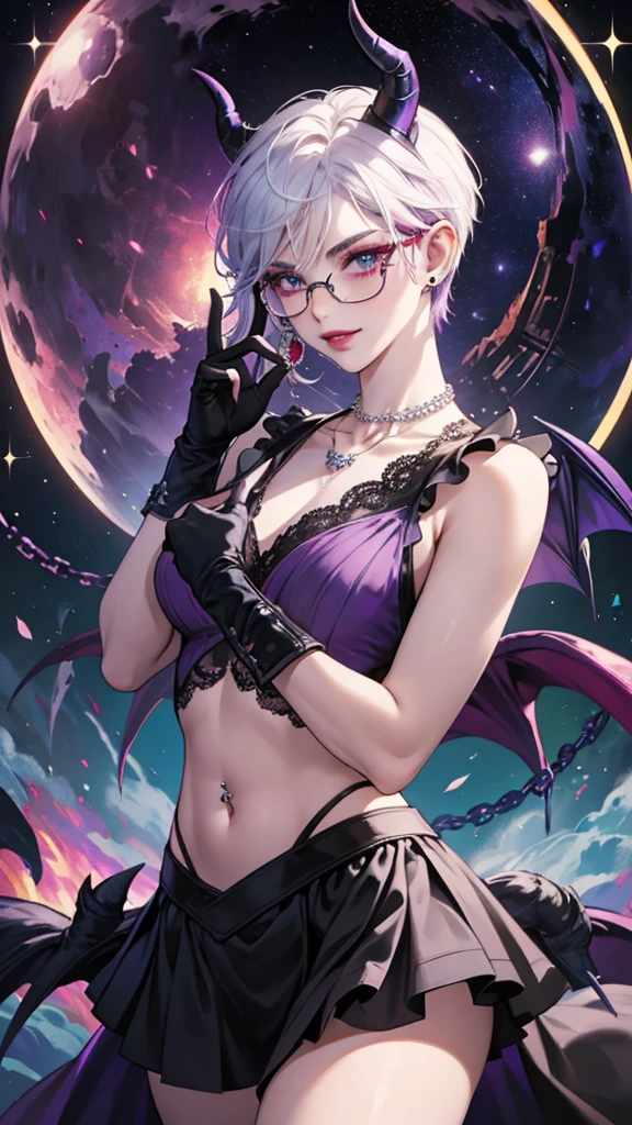 8k, masterpiece, best quality, highly detailed, 1 girl, tiefling, warlock, pixie cut, multicolored hair, very short straight hair red highlight hair on white hair, strippled hair, wearing glasses, round glasses, earrings, navel piercing, red eyeshadow, long eyelashes, blushed cheek, red lips, pearl necklace, rings, collarbone, mole on face, glamorous, teal and purple clothes, sleeveless, miniskirt, smirk, close up view, rings, looking at viewer, demon horns, solo, starry sky, pale blue moon, standing, boxing stance, demonic arms, chains on the background, black lace gloves, hand touching glasses.