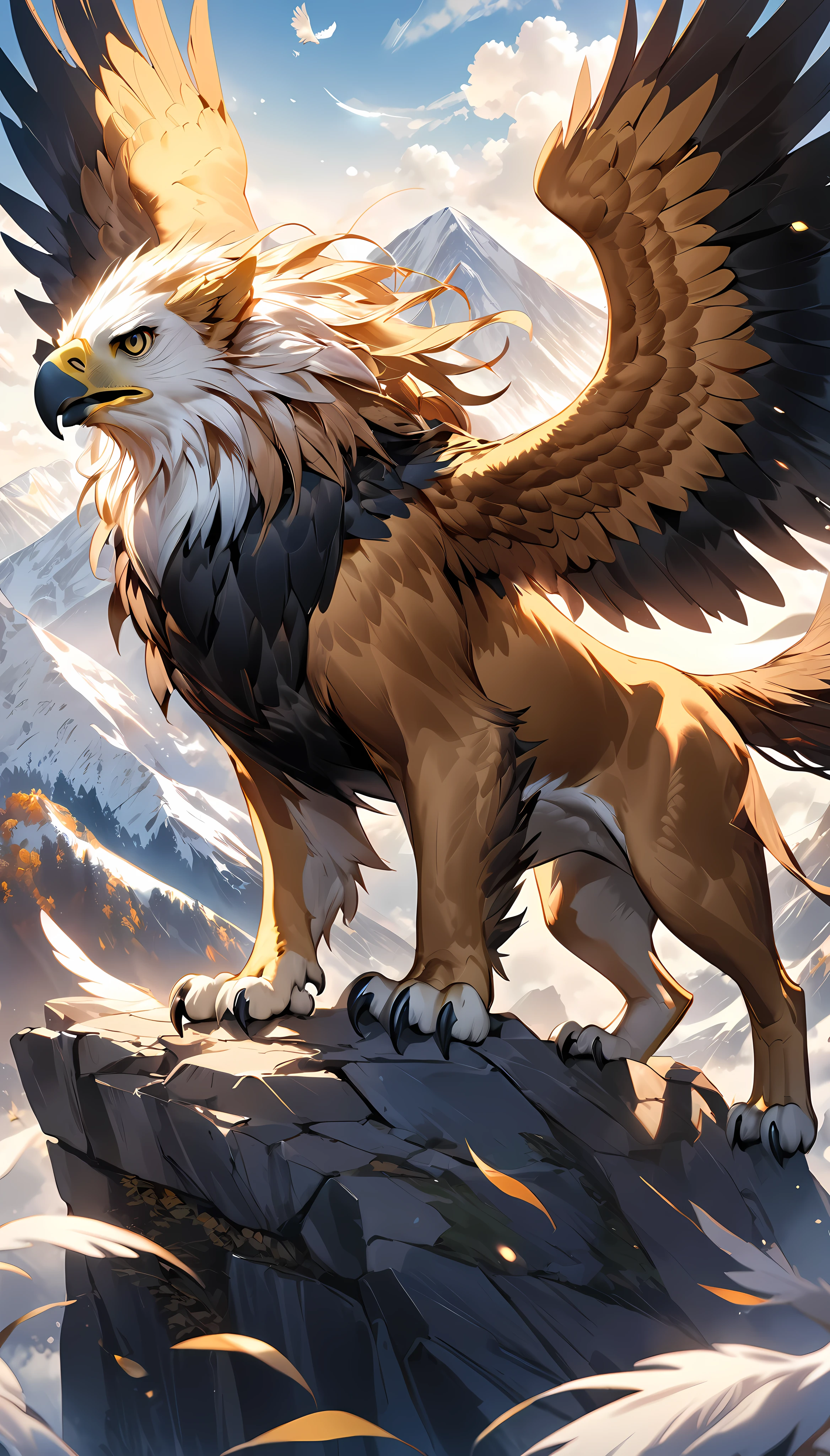 Create a Gryphon, [eagle|Lion], Slim and brave eagle head, Detailed and realistic lion torso