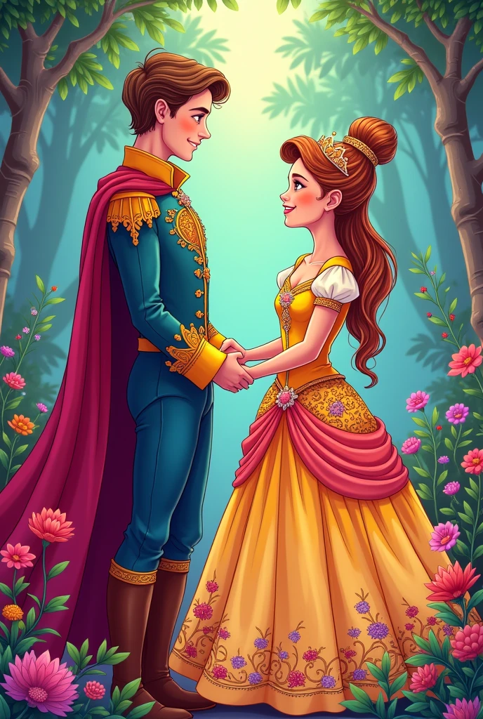 High detail vector drawing of a girl wearing a princess dress holding a prince&#39;s hand and looking forward and showing their full bodies in the picture. Colorful line art drawing. Vector drawing. 