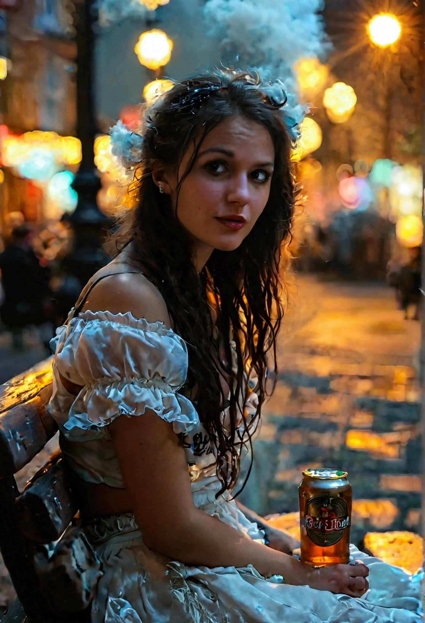 A woman in her late twenties is sitting on a street bench, at night, holding a beer, wearing the clothes of a prostitute with a cloud over it, sign says, “I am a bitch to talk to this idiot.”