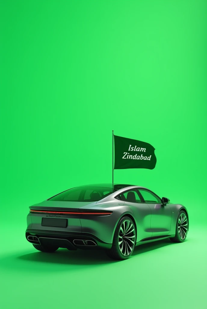 "A beautifully designed car positioned straight, at a perfect 0-degree angle, on a green screen background. The car is sleek and elegant, with modern lines. Attached to the back of the car is a plain flag that waves gently, displaying the words 'Islam Zindabad' in bold, clear script. The image is clean and precise, with the green screen allowing for easy customization or editing."