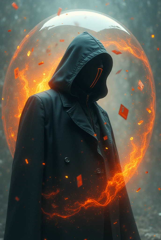 person with anonymous mask, inside a floating bubble, with fire and credit cards in the background of the image