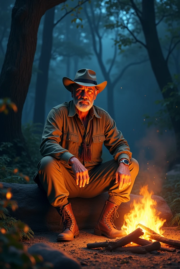 Depict Jim Corbett in traditional hunting attire, sitting by a campfire with a rugged jungle backdrop. Include elements such as dense trees, a night sky, and the glow of the fire to create a sense of adventure.

