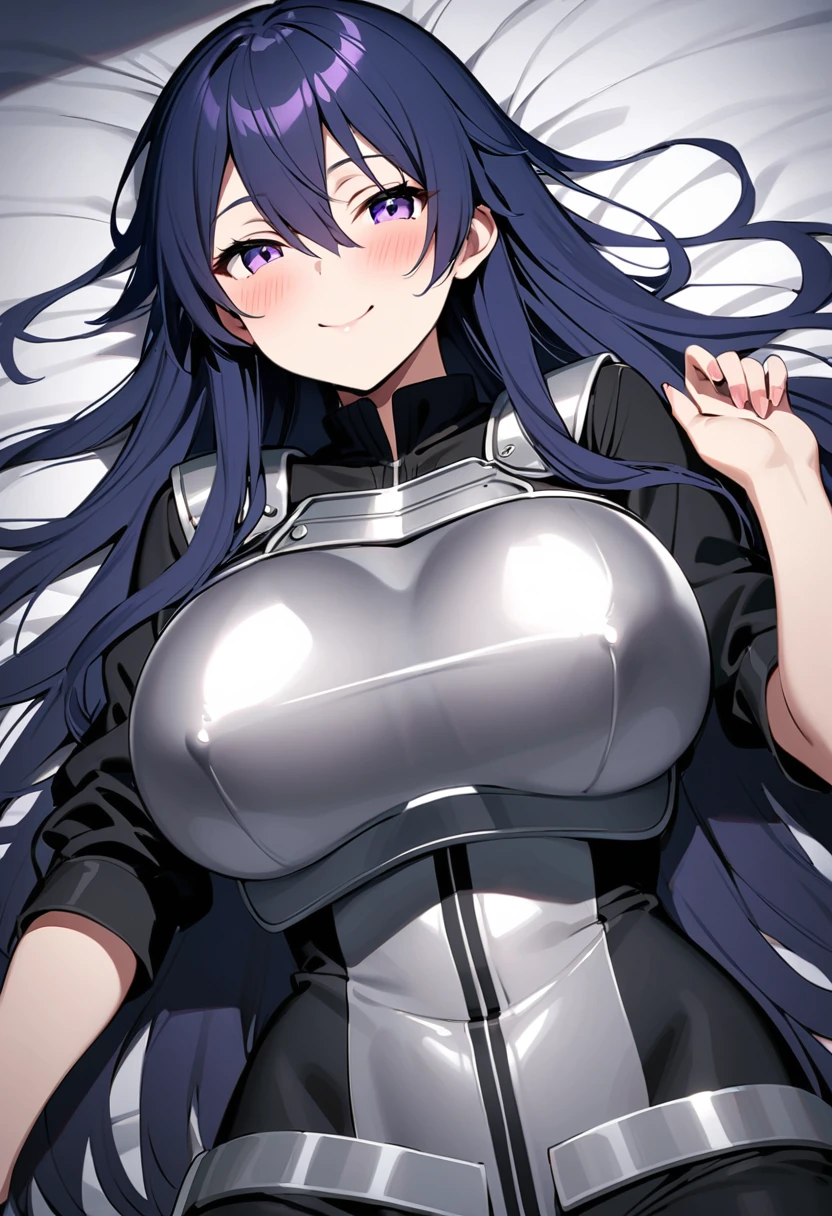 Kirito, Gun Gale Online Black Swordsman Outfit Overturned Jacket Black Shirt Silver Breastplate, Blush, long hair, purple eyes, Super huge big breasts breast enlargement A person with purple eyes is lying on the bed looking at the camera and smiling full-body shot