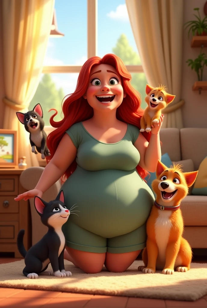 Create an animated pixar photo of a red-haired woman with big hips, chubby and a little chubby, with a small black and white cat and another orange and white cat and a Yorkie dog, everyone happy